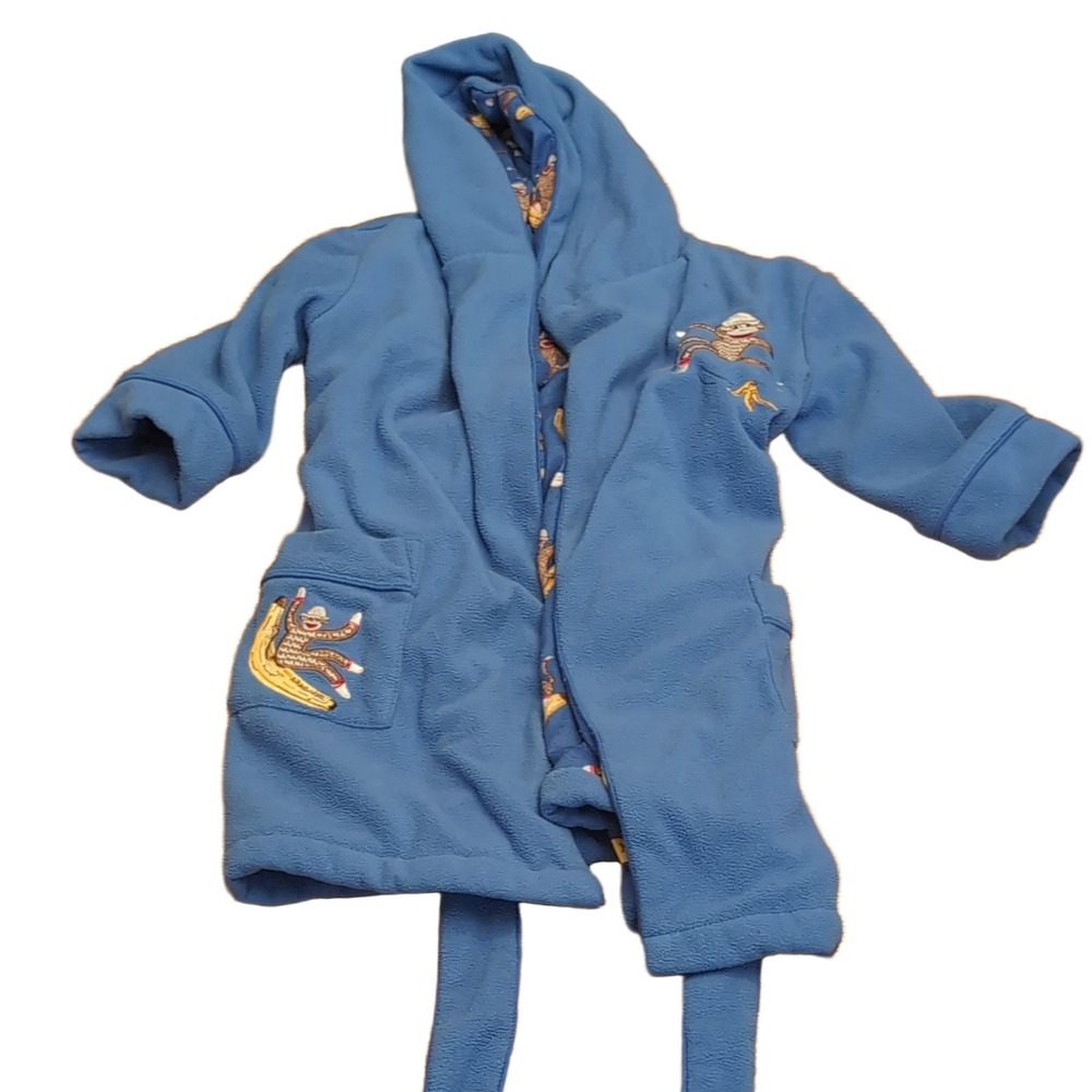 Nick & Nora Sock Monkey Banana Fleece Robe Hooded Blue 12M Baby Toddler
